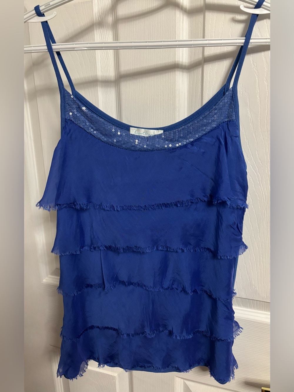 Dressy Blue Tiered Spaghetti Strap Summer Tank Top with Sequin Trim